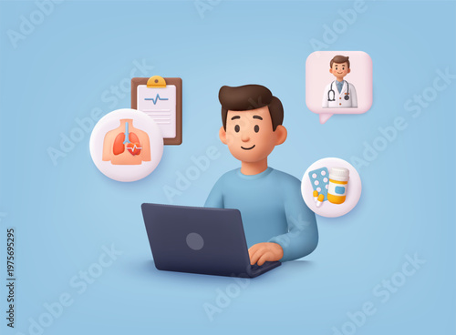 3D illustration of a man using a laptop for online medical consultation with doctor, healthcare monitoring, digital telemedicine service, diagnosis, and prescription concept.