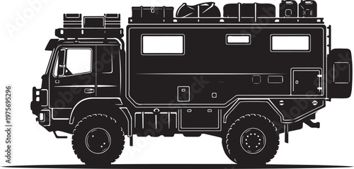 Black camper van, off-road vehicle, adventure truck, travel trailer