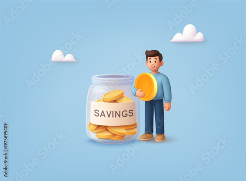 3D illustration of a man adding coin into savings jar filled with money, representing personal finance, budgeting, saving money, and financial growth concept.