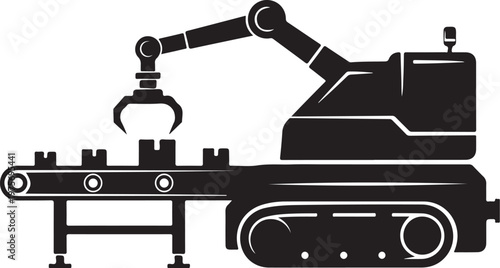 Industrial robotic arm, mechanical claw, factory automation, black vector icon