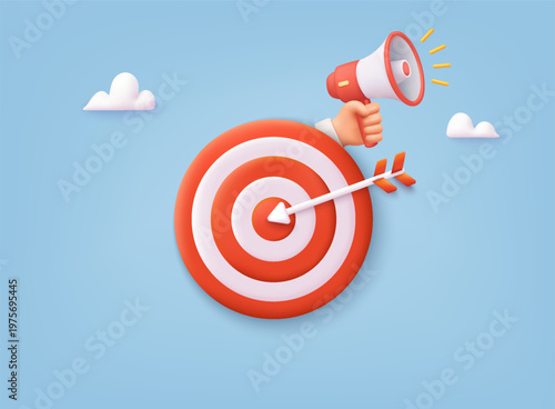 3D illustration of target with arrow hitting center and megaphone, representing marketing goals, business success, strategy, and audience targeting concept.
