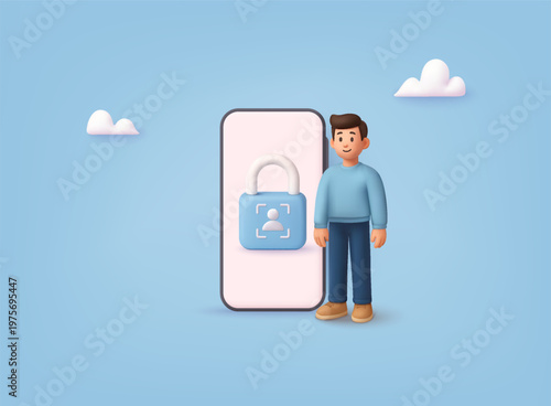 3D illustration of smartphone with face recognition lock and user authentication, representing cybersecurity, privacy protection, and secure digital access.