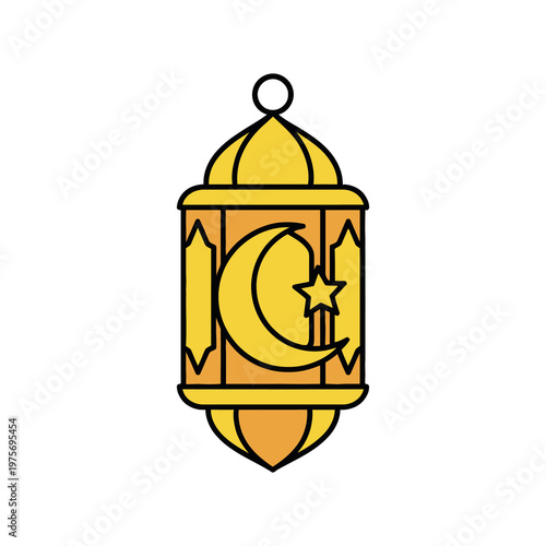 Golden ramadan lantern with crescent moon and star on white background