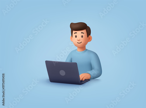 3D illustration of a man using laptop for remote work, online business, freelance activity, and digital productivity concept.