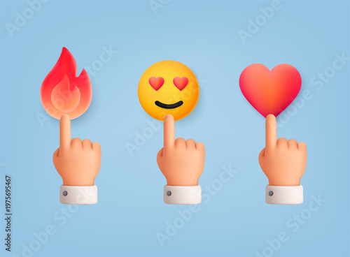3D illustration of hand pressing emoji reactions including like, love, and fire icons, representing user engagement, feedback, social media interaction, and digital communication.