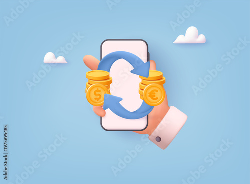 3D illustration of smartphone with currency exchange between dollar and euro, representing fintech, digital payments, money transfer, and online banking concept.
