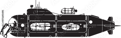 Submarine, underwater vehicle, naval vessel, black and white, vector illustration, ocean exploration, marine technology