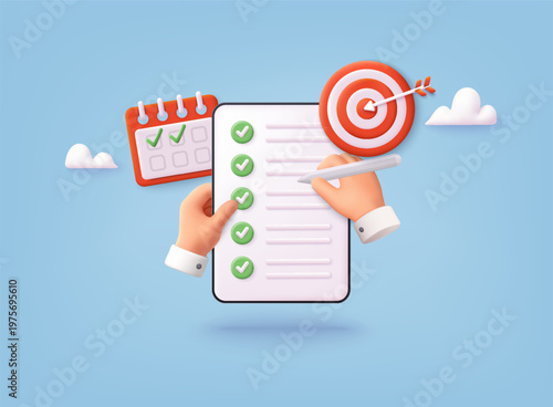 3D illustration of hands completing checklist with calendar and target icon, representing planning, task management, goal setting, and productivity concept.