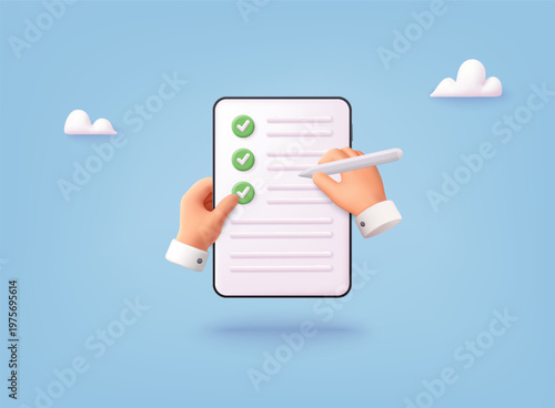 3D illustration of hands marking completed checklist on tablet, representing task management, productivity, workflow, and digital form completion concept.