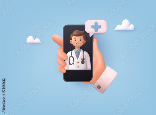 3D illustration of doctor on smartphone screen providing online medical consultation, representing telemedicine, remote healthcare, and digital medical services.