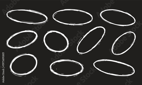 A collection of nine simple, hand-drawn white oval circles and elliptical frames set against a solid black background.