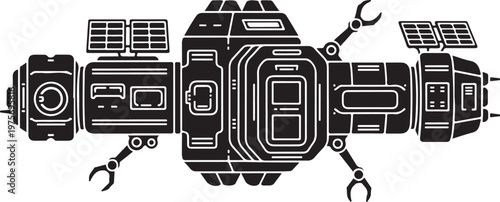 Space Station, Futuristic Spacecraft, Black and White Vector Illustration, Space Exploration Graphic