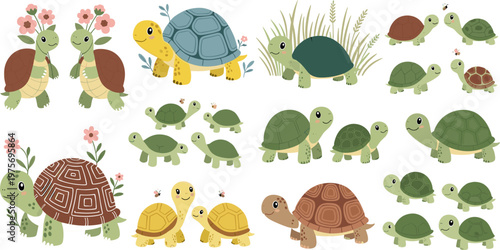 Cute Turtle Illustration Collection Featuring Adorable Cartoon Tortoises in Various Poses with Flowers and Nature Elements for Kids Wildlife Design