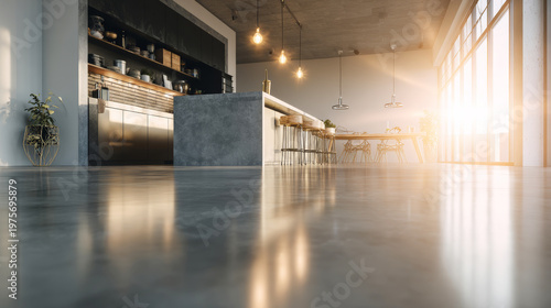 Contemporary open plan kitchen and dining area showcasing industrial design elements, sleek surfaces, and vibrant window light