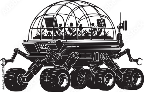Black, futuristic, lunar rover vehicle, space exploration, vector illustration, sci-fi, robotic, transportation