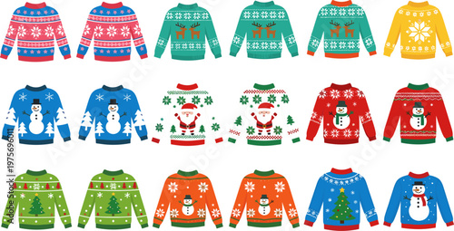 Ugly Christmas Sweater Collection Featuring Festive Winter Knitted Jumpers with Snowman Reindeer Santa and Holiday Patterns for Seasonal Clothing Design