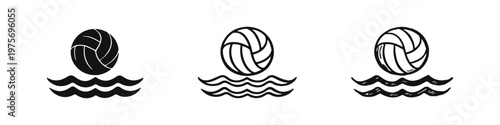 Volleyball on Water Waves Vector Icon Set - Silhouette, Outline, and Hand-Drawn Styles on White Background