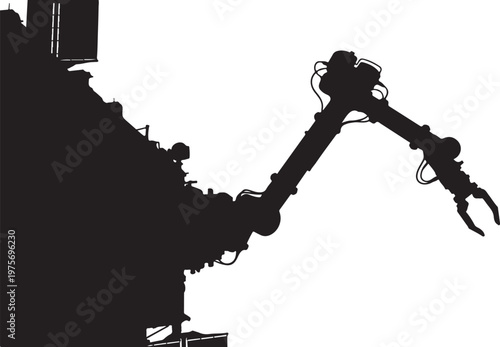 Industrial robotic arm, mechanical claw, black silhouette, robotic machine, industrial automation
