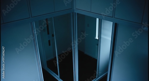 Interior View of a Modern Dark Bedroom with Sliding Door Wardrobes