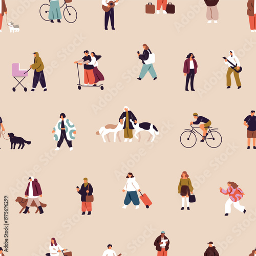 Repeatable pattern of tiny people walking in city. Endless background of men and women riding a bike, scooter, strolling dogs, playing music and having fun outdoors. Flat seamless vector illustration