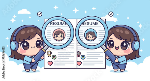 Cute cartoon characters holding resumes and CVs with smiling faces and professional appearance for job application
