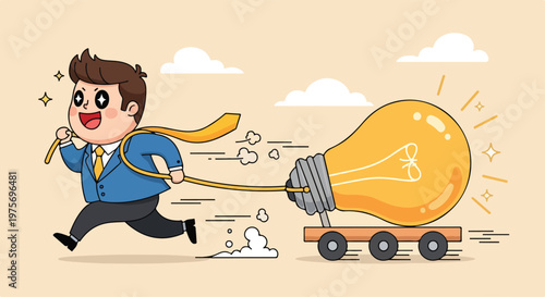 Cartoon character running while pulling a large light bulb on a wheeled platform representing innovation and ideas
