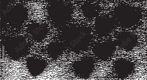 A collection of thirteen solid black heart shapes arranged in a pattern over a heavy, distressed halftone texture background.