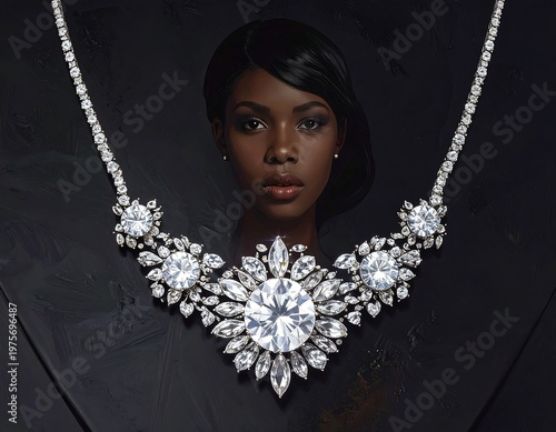 A woman showcases a large diamond necklace against a dark background