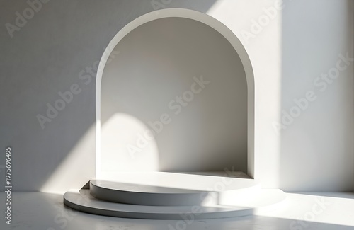 Minimalist concrete arch with podium. Sunlight casts shadows on circular dais. Modern interior design architecture. Geometric simplicity clean style. Abstract studio background.