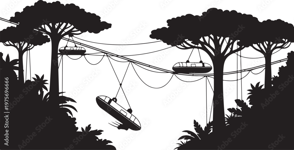 Obraz premium Black jungle rope bridge, tree silhouettes, zipline, tropical foliage, adventure travel