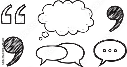 A set of black hand-drawn speech bubbles and conversational icons on a white background.