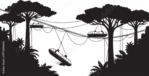 Black jungle rope bridge, tree silhouettes, zipline, tropical foliage, adventure travel