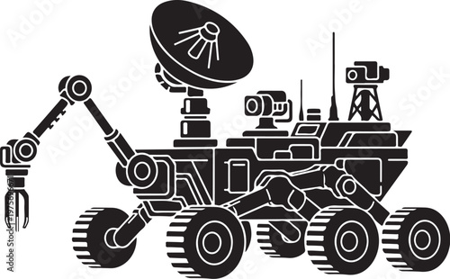 Robotic Mars Rover, Space Exploration Vehicle, Black Vector Illustration, Satellite Dish, Robotic Arm