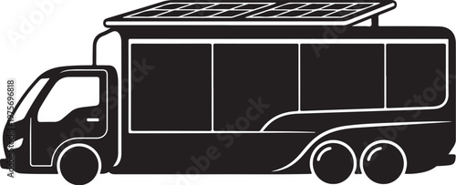 Black solar powered food truck, vector food truck icon, solar panel vehicle, eco friendly transport