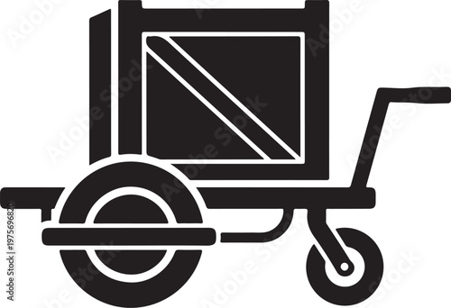 Black, minimalist dolly icon, hand truck symbol, moving cart graphic, simple wheelbarrow illustration