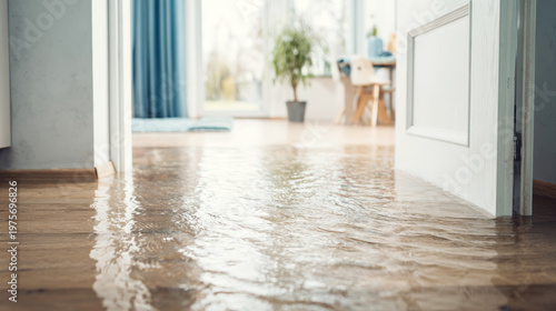 Household emergency with water covering a wooden floor, flowing from an open doorway into another room