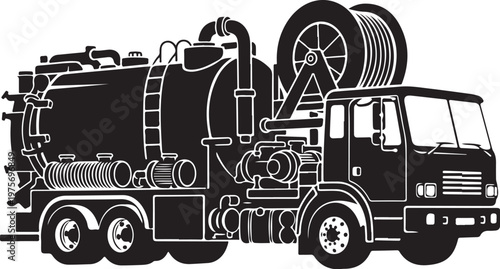 Industrial vacuum truck, suction vehicle, waste management, heavy equipment, vector illustration
