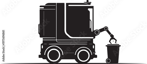 Waste management truck, garbage collector vehicle, robotic arm, sanitation equipment, black silhouette