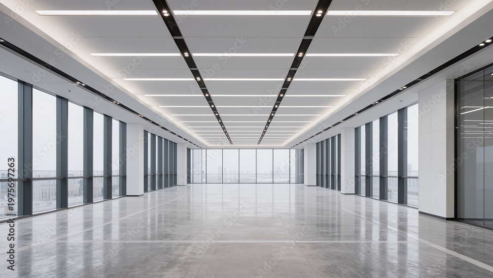 Fototapeta premium Modern Empty Office Space with Panoramic Windows and Bright Lighting