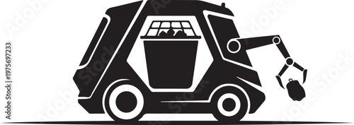 Black robotic arm vehicle, industrial robot icon, mechanical claw, vector illustration