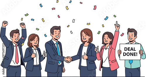 Business professionals celebrating a successful deal with confetti and handshake together