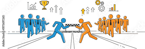 Business teams competing in a race to achieve corporate success together