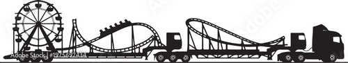 Amusement park rides on truck, carnival attractions, vector illustration, black silhouette, funfair elements