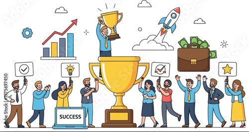 Business team celebrating success with trophies and achievements together proudly