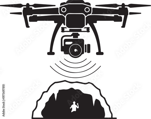 Drone, aerial photography, flying drone, camera drone, cave exploration, rescue vector icon