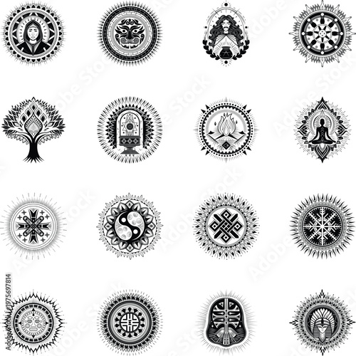 Set of Beliefs and Deity Glyph Style Illustrations 