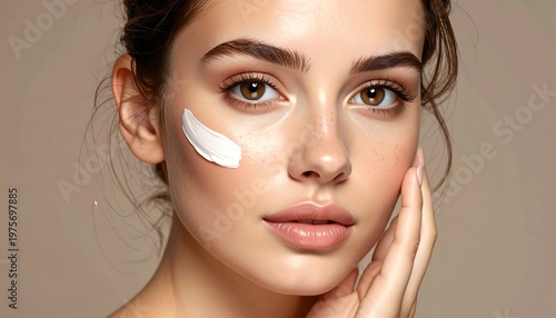 A woman with a smear of white cream on her cheek