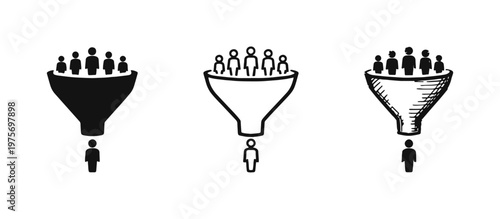 Sales funnel with people icon set. Customer conversion, lead generation, or filtering process concept.