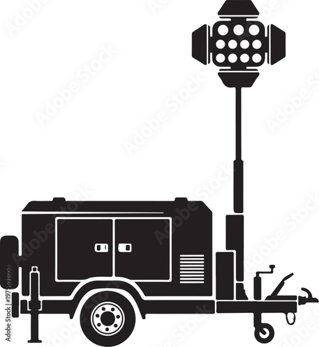 Mobile lighting truck, floodlight on trailer, construction site light, black and white vector