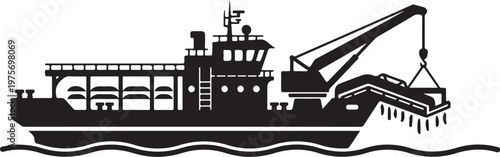 Industrial cargo ship, black silhouette, crane barge, maritime vessel, nautical icon